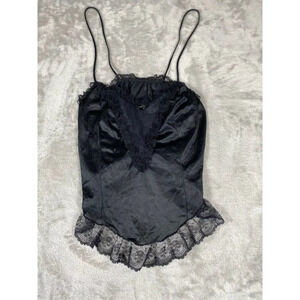 Vintage Black Satin Lace Camisole Tank Top - Made in USA - Size Large